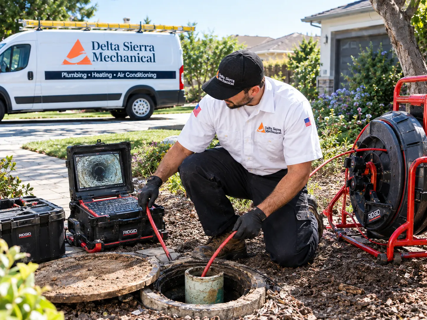 Delta Sierra Mechanical technician inspecting a residential sewer line using professional sewer camera equipment.