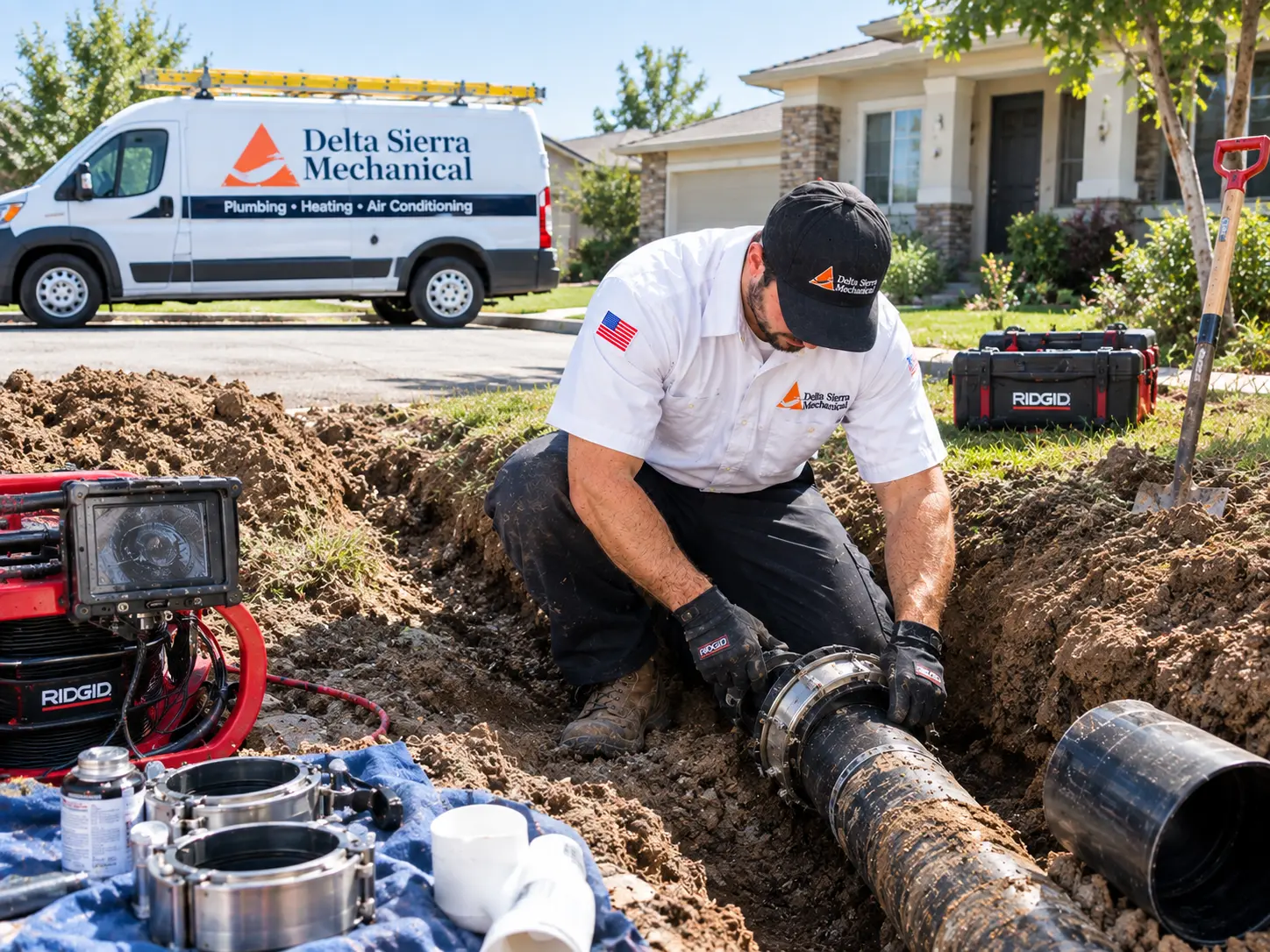 Delta Sierra Mechanical technician repairing a damaged underground sewer pipe at a California residential property.